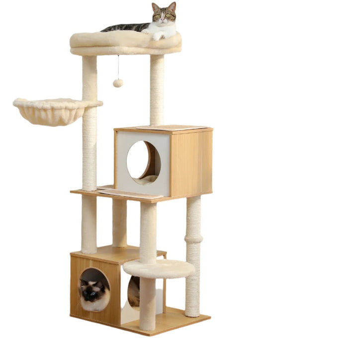 130Cm Wooden Cat Tree Double Condos Sisal Post