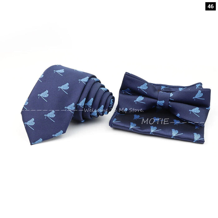 Cartoon Insect Tie Set Blue Bowtie Handkerchief Necktie For Men Business Party Casual Wear Gift