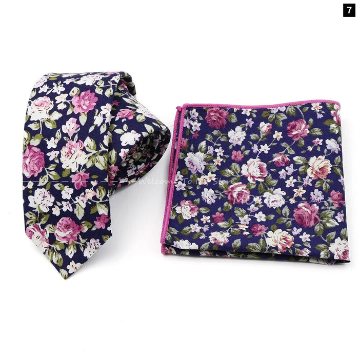 Floral Cotton Ties And Pocket Square Set For Business And Weddings