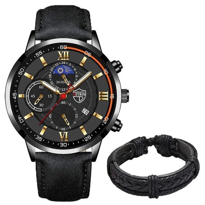 2PCS Set Fashion Mens Sports Watches Man Business Leather Bracelet Quartz Watch Luxury Men Casual Luminous Clock