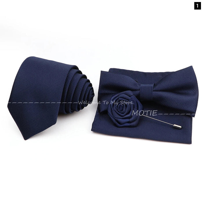 Tie Set Solid Colour Bowtie Handkerchief Brooch Cufflink For Business Weddings And Gifts