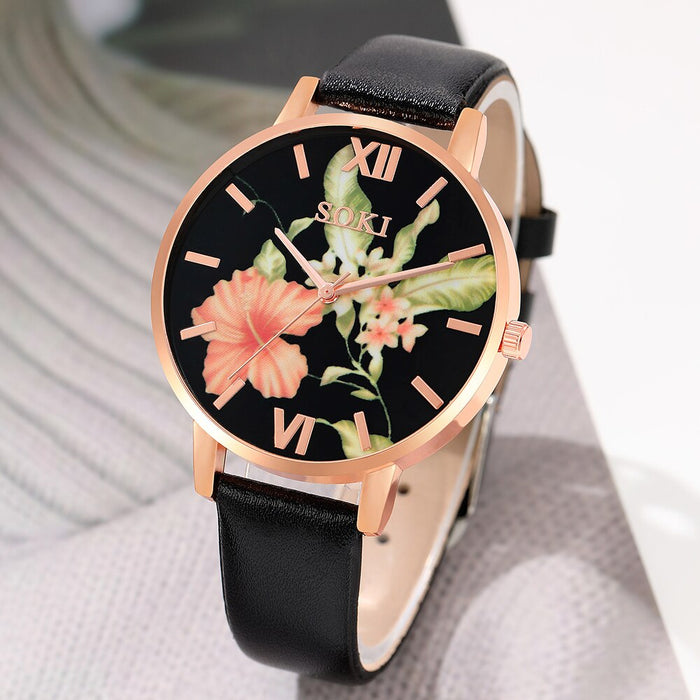 6Pcs Set Dainty Quartz Watches Simple Bracelet Women Leisure Casual Round Pointer Flowers Dial Watch Marbling Bracelet Set