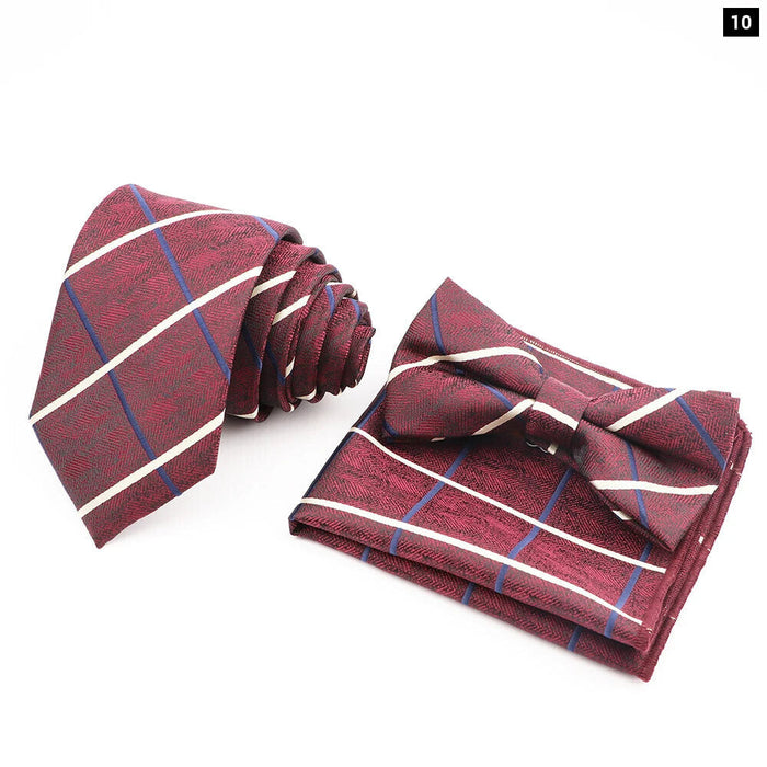 Red Plaid Tie Set Classic Handkerchief Bowtie For Business Wedding Party Mens Gift