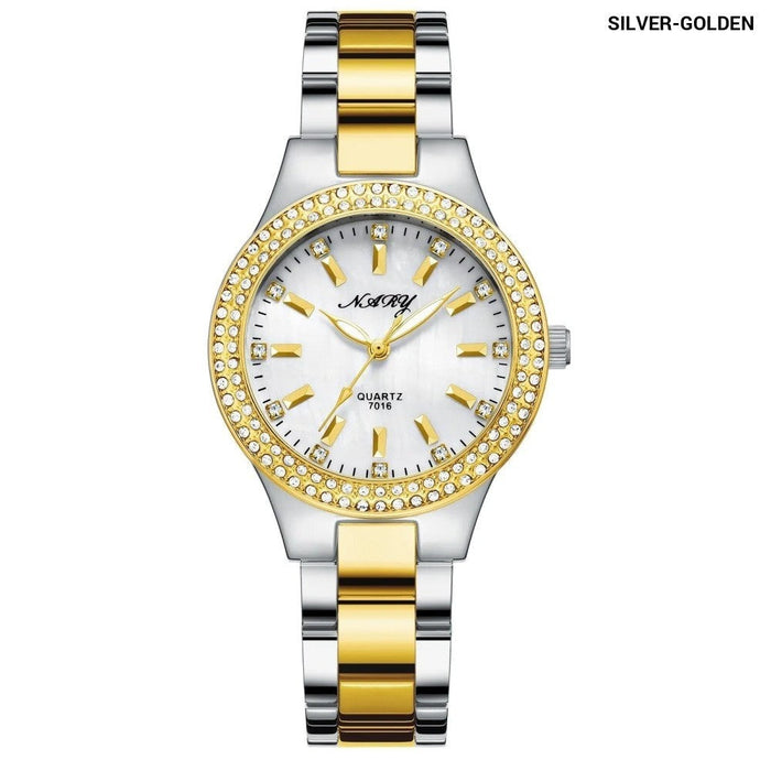 Women'S Elegant Casual Goldn Watch Crystal Diamond Inlaid Watch Stainless Steel Silver Waterproof Quartz Watch