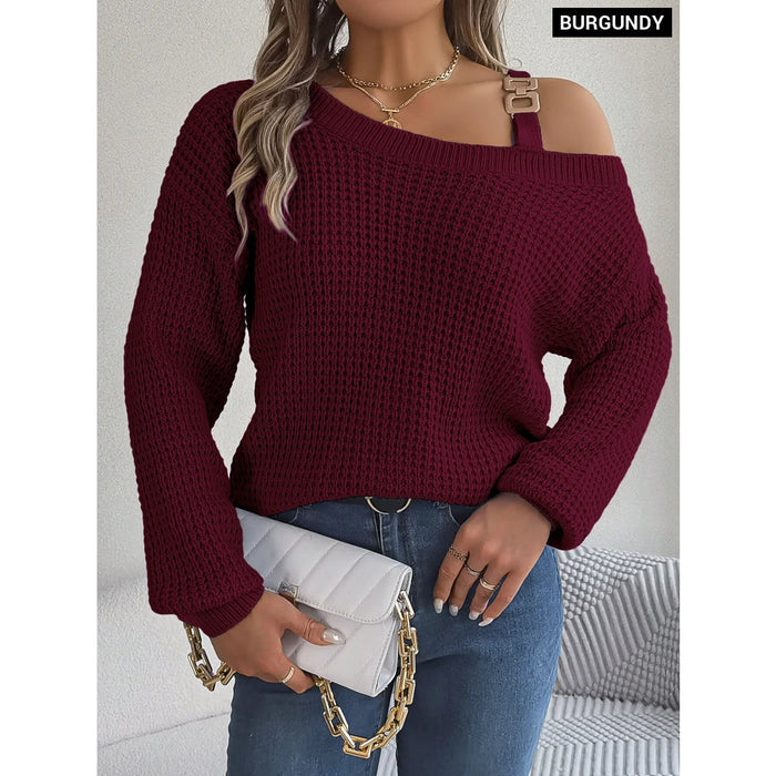 Off Shoulder Metal Buckle Sweater For Women