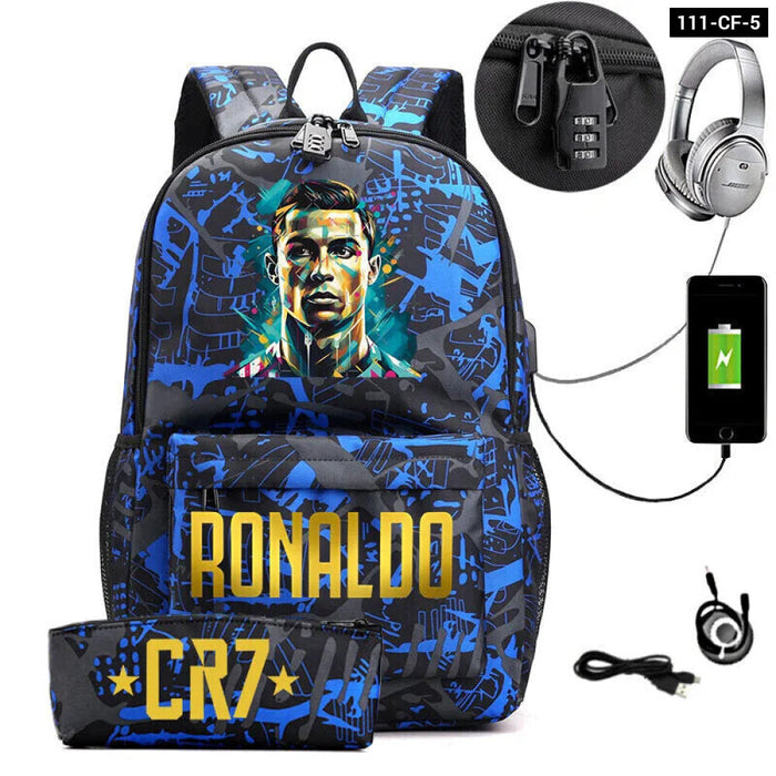 Ronaldo Printed Backpack With Usb And Lock 2 Piece Set