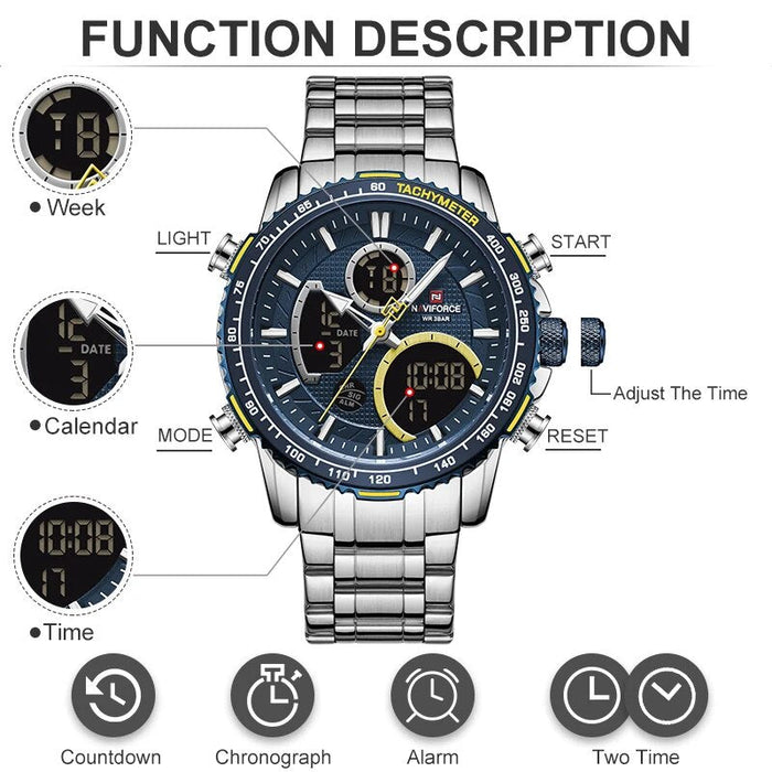 Men's Stainless Steel Band AnalogWeek Calendar Display Quartz & Dual Display 3ATM 30M Water Resistant Wristwatch