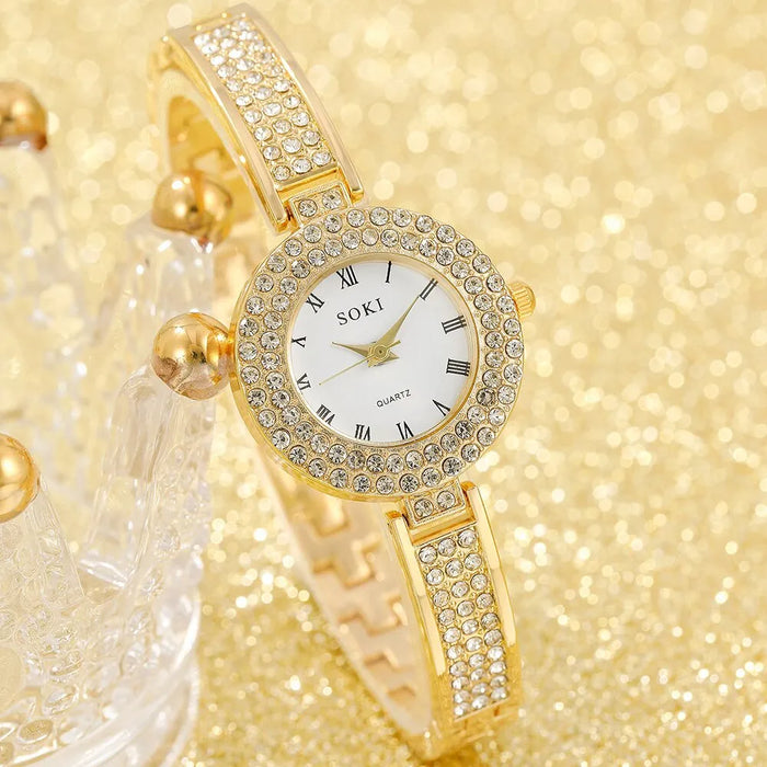 5Pcs Dainty Quartz Watch With Jewelry Set Fashion Round Women Watch Rhinestone Necklace Earrings Ring Set