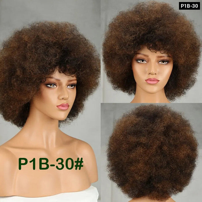 Short Afro Kinky Curly Human Hair Wig With Thick Bangs