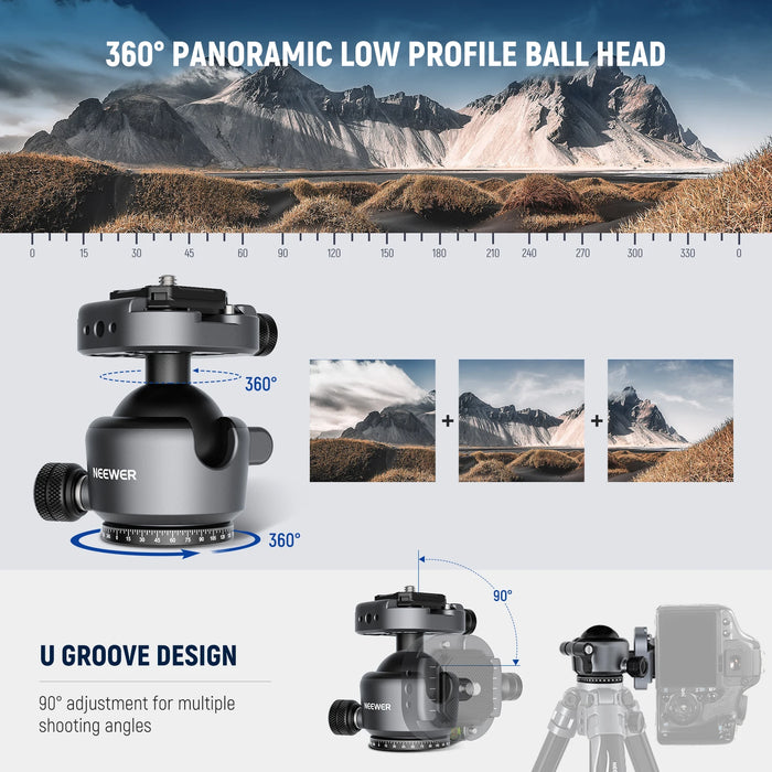 Low Profile Tripod Ball Head For Peak Capture Camera 40Mm Metal Panoramic Mount With 1/4 Arca Plate