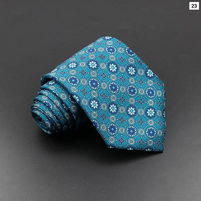 Silk Tie For Men 7.5Cm Soft Novelty Necktie In Blue Green And Orange Dot And Floral Design For Weddings And Business Gift Idea