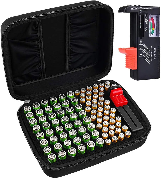 48 Aa/Aaa Battery Organizer Box Tester Holds 96 Batteries 2 Extra Pockets