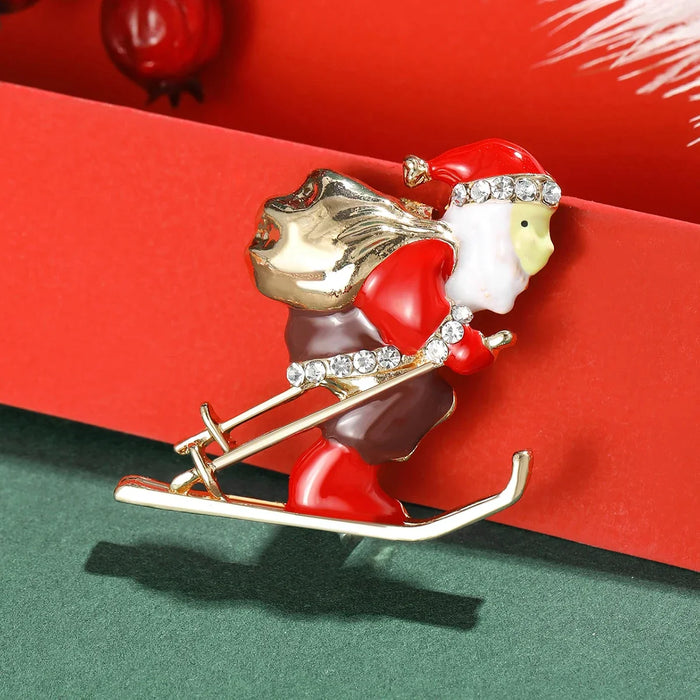 Santa Skiing Enamel Lapel Pin Christmas Womens Brooch For