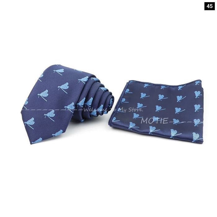 Cartoon Insect Tie Set Blue Bowtie Handkerchief Necktie For Men Business Party Casual Wear Gift