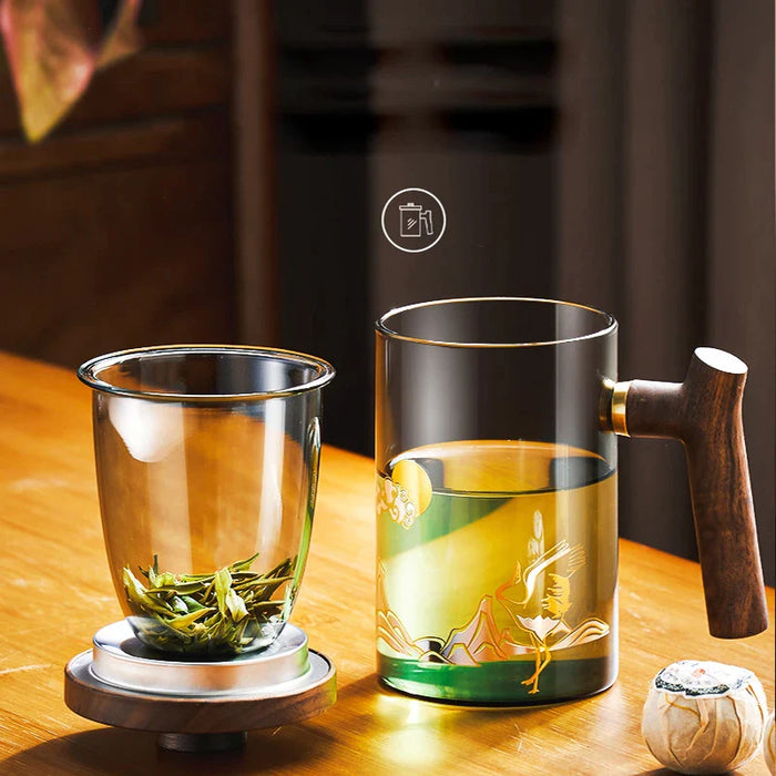 Tea Cup With Heat Resistant Glass And Wooden Handle