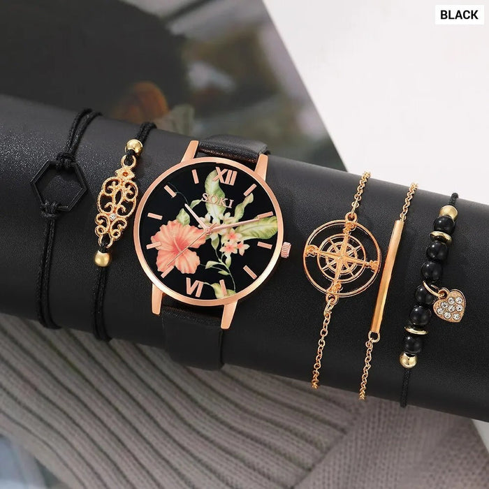 6Pcs Set Dainty Quartz Watches Simple Bracelet Women Leisure Casual Round Pointer Flowers Dial Watch Marbling Bracelet Set