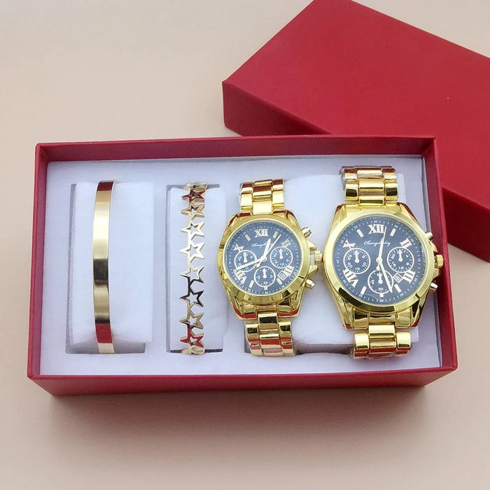 Mens & Womens 4Pcs Quartz Steel Couple Watch Set With Bracelet & Necklace