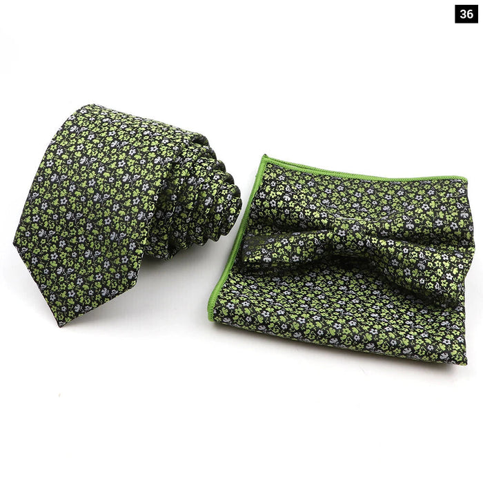 Green Floral Tie Set Classic Design Polyester For Weddings And Parties