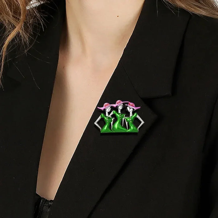 Womens Fashion Brooch 3 Lady Enamel Pin With Pink Hats And Green Dresses Luxury