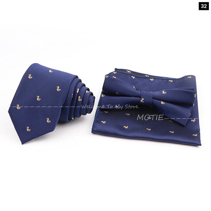 Cartoon Insect Tie Set Blue Bowtie Handkerchief Necktie For Men Business Party Casual Wear Gift