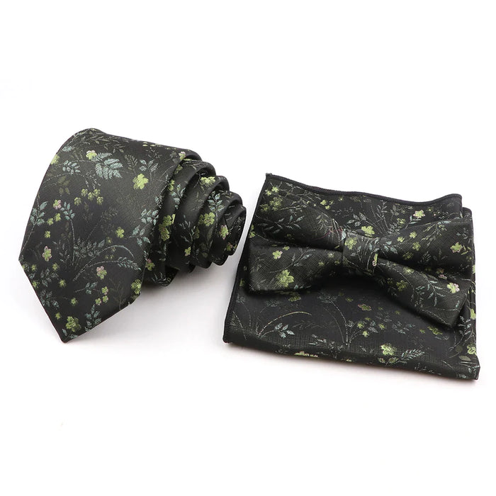 Green Floral Tie Set Classic Design Polyester For Weddings And Parties