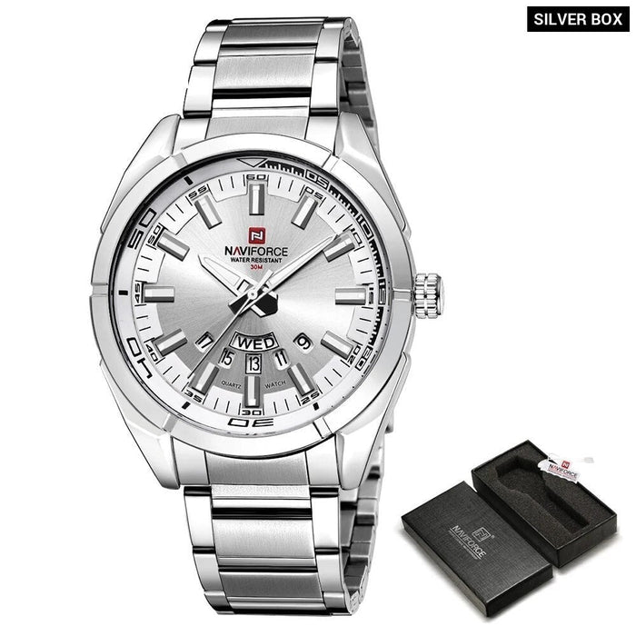 Men's Stainless Steel Band Analog Week Calendar Display Quartz 3ATM 30M Water Resistant Wristwatch