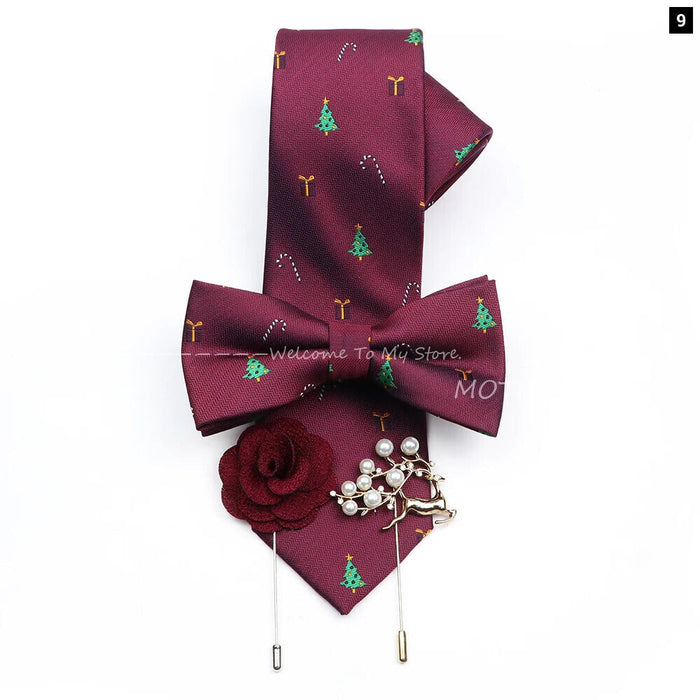 Christmas Tie Set Red Snowflake Bowtie And Brooches For Parties And Gifts