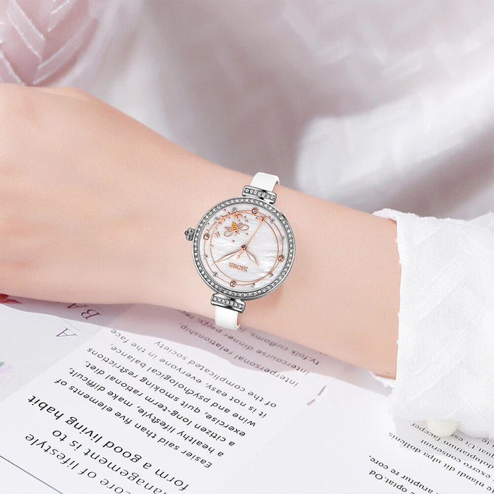 Women's PU Band Leather Analog Display Quartz 3ATM 30M Water Resistant Diamond Studded Wristwatch