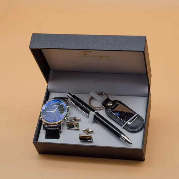 Mens Cufflinks Keychain Signature Pen Quartz Wrist Watch Set With Box