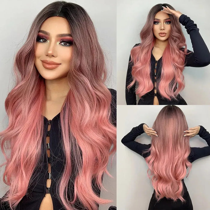 Long Wavy Pink Wig For Women Middle Part Cosplay Synthetic Hair Heat Resistant Natural Look