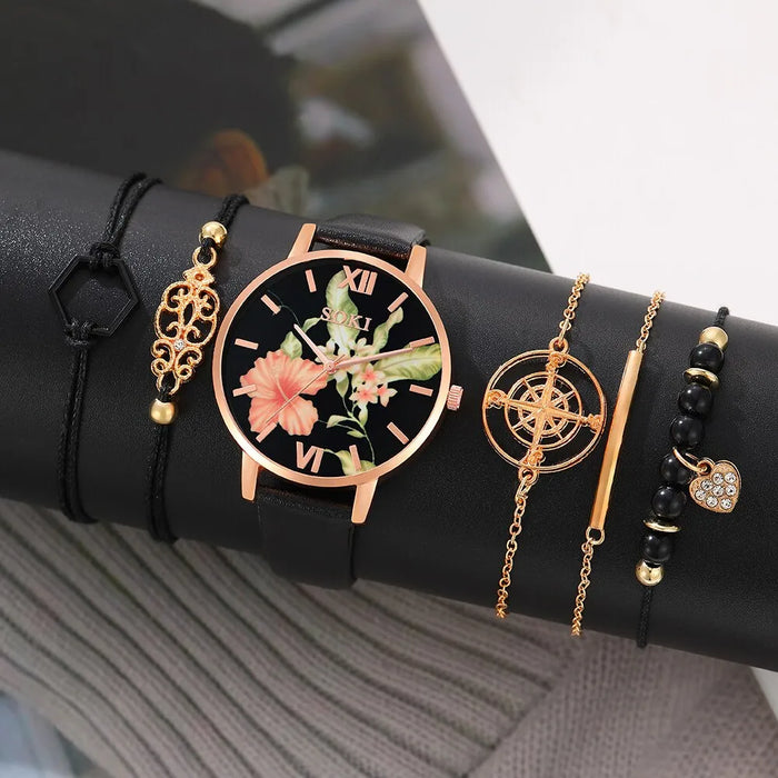 6Pcs Set Dainty Quartz Watches Simple Bracelet Women Leisure Casual Round Pointer Flowers Dial Watch Marbling Bracelet Set