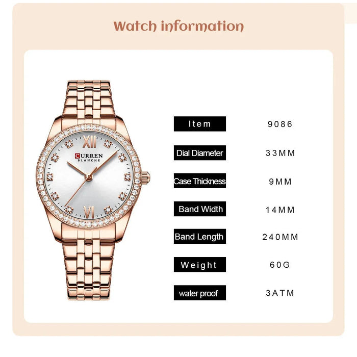 Stainless Steel Charming Rhinestone Rose Dial Quartz Watches For Women