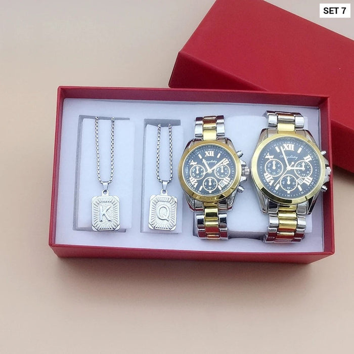 Mens & Womens 4Pcs Quartz Steel Couple Watch Set With Bracelet & Necklace