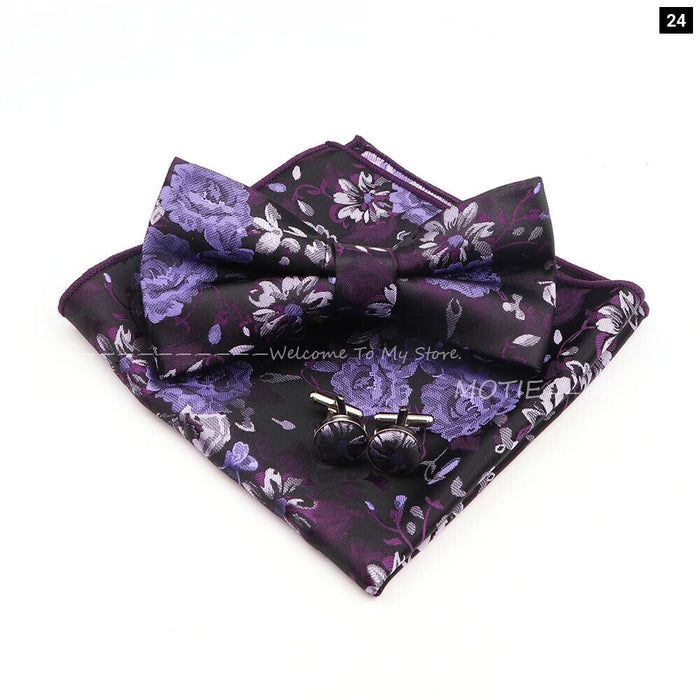 Blue Floral Pocket Square Set Bowtie Cufflink Brooch For Weddings