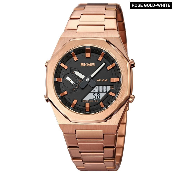 Men's Stainless Steel Band Digital Analog Date Calendar Display Dual Display 3ATM 30M Water Resistant Wristwatch