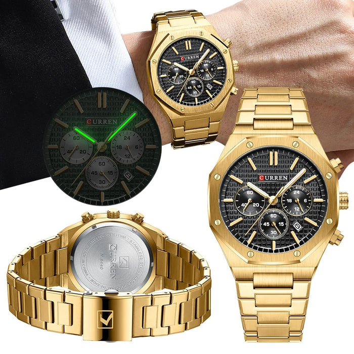 Fashion Casual Stainless Steel Band Quartz Wristwatches With Chronograph Waterproof Men's Watches