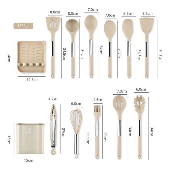 13 Piece Silicone Kitchen Utensil Set With Stainless Steel Handles