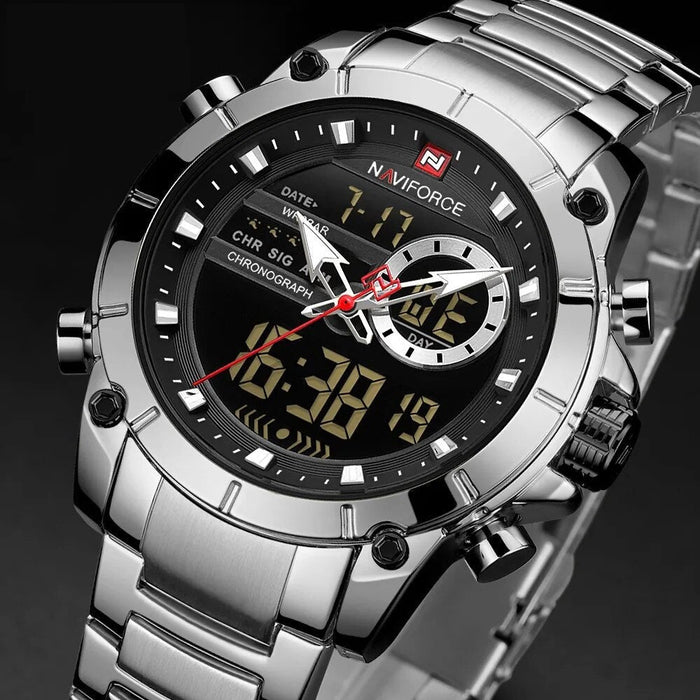 Men's Stainless Steel Band AnalogWeek Calendar Display Quartz & Dual Display 3ATM 30M Water Resistant Wristwatch