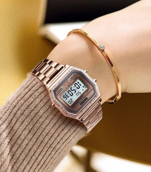 Women's Stainless Steel Band Touch Screen Display Digital 3ATM 30M Water Resistant Wristwatch