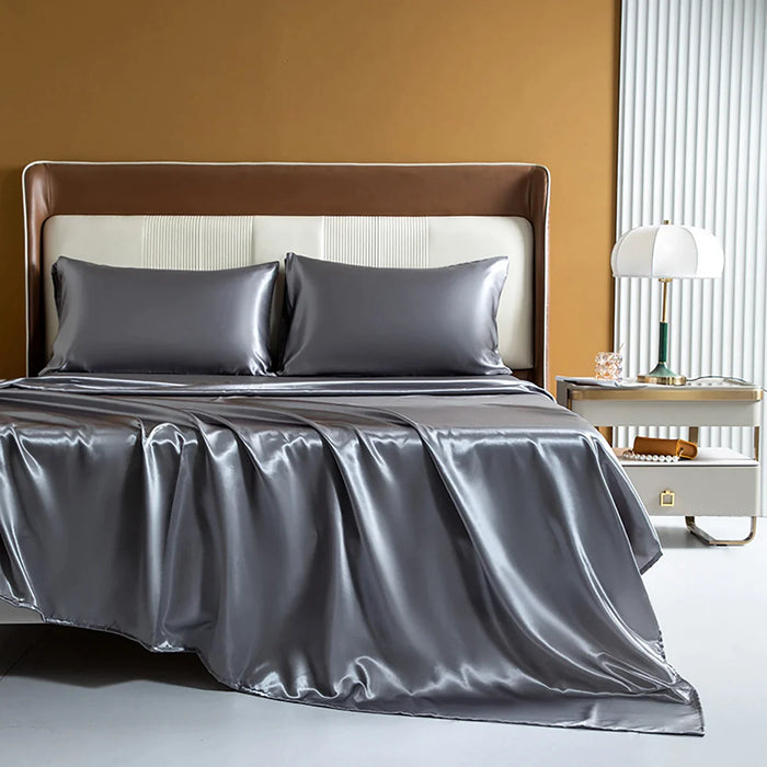 4 Piece Silky Grey Rayon Satin Fitted Sheet Set