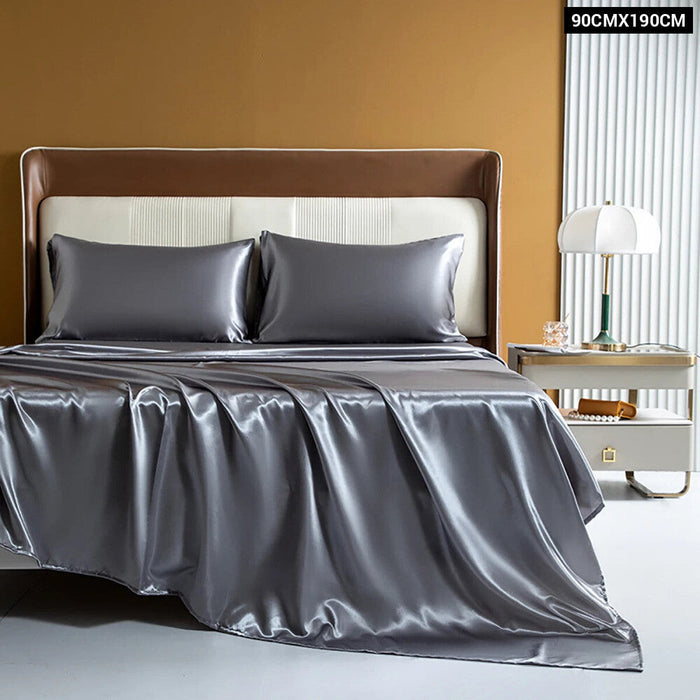 4 Piece Silky Grey Rayon Satin Fitted Sheet Set