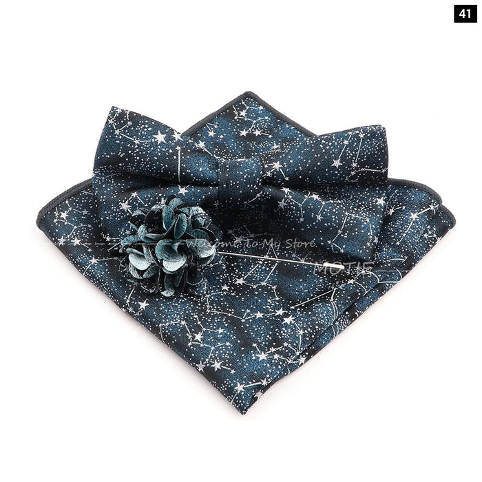 Blue Floral Pocket Square Set Bowtie Cufflink Brooch For Weddings