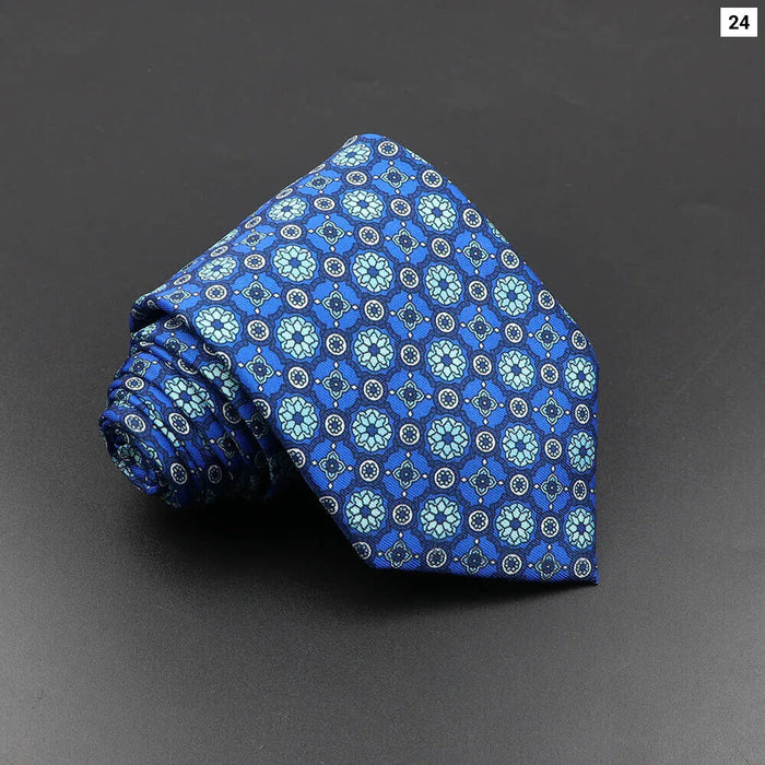 Silk Tie For Men 7.5Cm Soft Novelty Necktie In Blue Green And Orange Dot And Floral Design For Weddings And Business Gift Idea