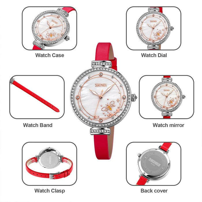 Women's PU Band Leather Analog Display Quartz 3ATM 30M Water Resistant Diamond Studded Wristwatch