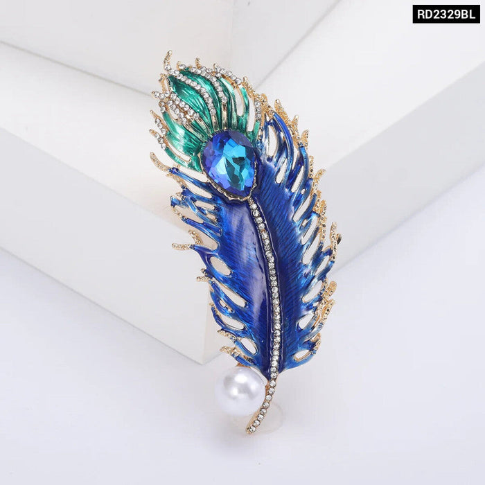 Feather Luxury Brooch For Women Shiny Enamel Pin With Pearled For Party Clothing