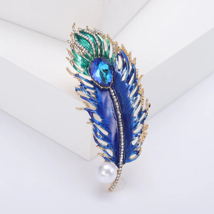 Feather Luxury Brooch For Women Shiny Enamel Pin With Pearled For Party Clothing