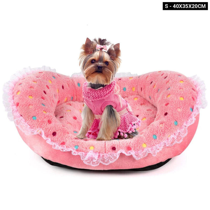 Princess Style Pet Bed Pink Polka Dots Soft Fleece Anti Slip Sofa