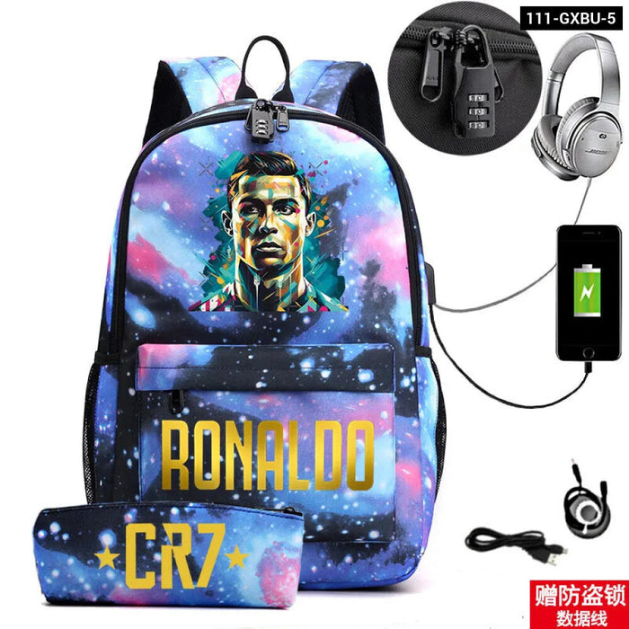 Ronaldo Printed Backpack With Usb And Lock 2 Piece Set