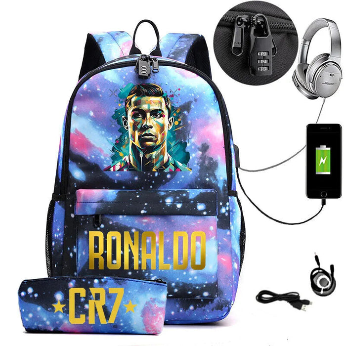 Ronaldo Printed Backpack With Usb And Lock 2 Piece Set