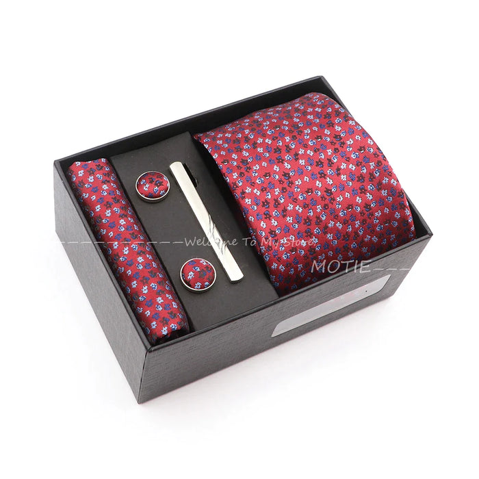 Red Floral Tie Set Gracefully Polyester With Box Pocket Square Cufflink And Tie Clip For Weddings And Gifts